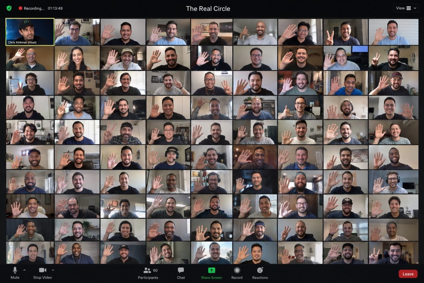 A live REal Circle video call with sixty members waving