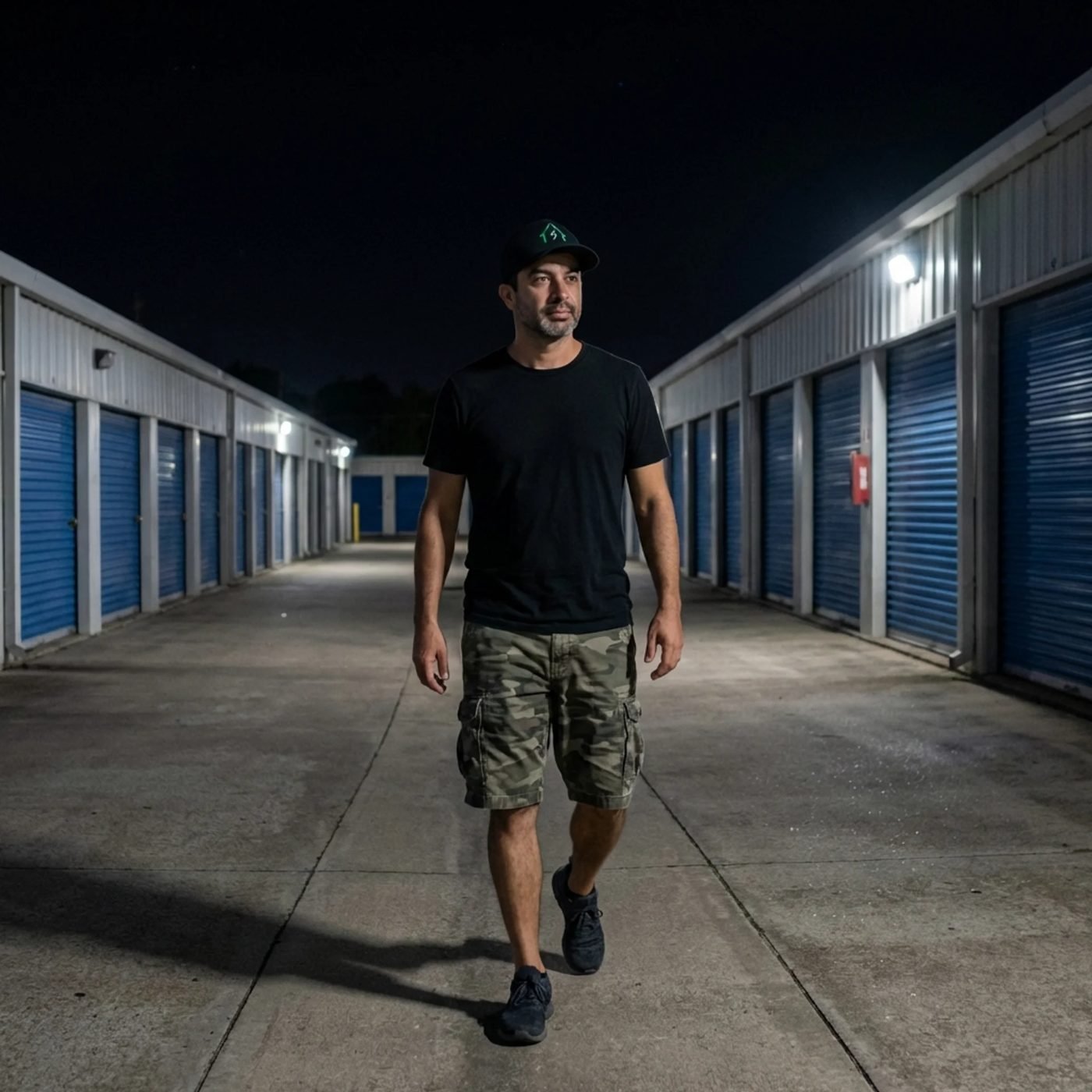 Chris walking a self-storage corridor at night