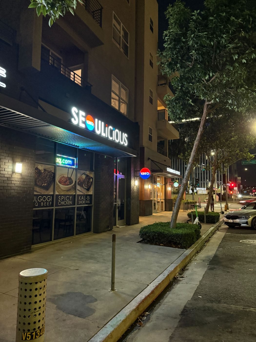 The restaurant, lights on